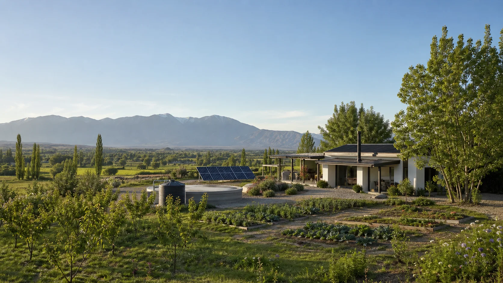 A temperate rural property with a home, orchard, productive garden, solar panels, and water storage beneath the Andes