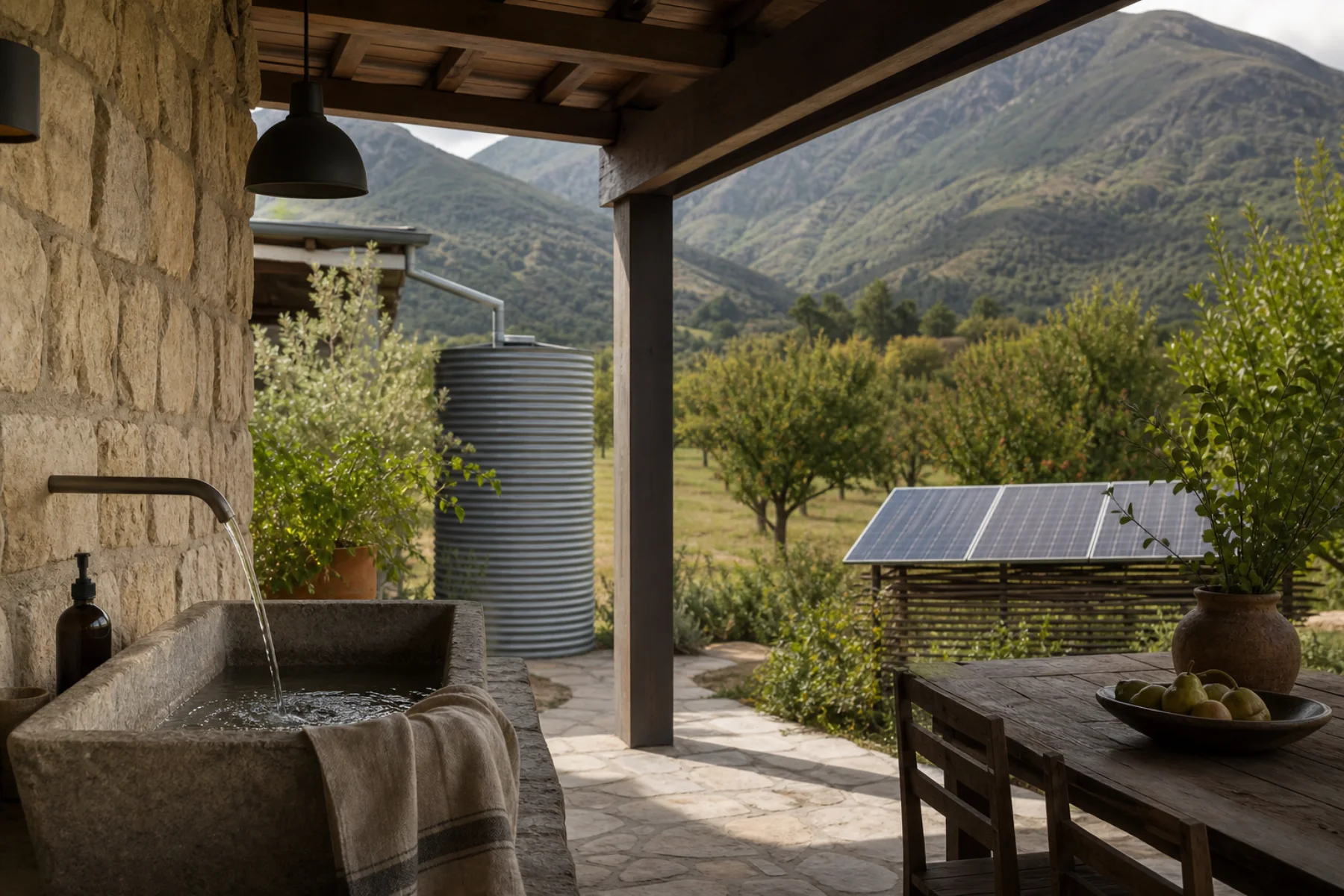 A stone water basin, rainwater storage, solar panels, and orchard at a refined rural property